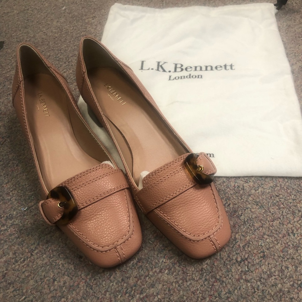LK Bennett Blush Pink Leather Loafers with Tortoiseshell Buckle